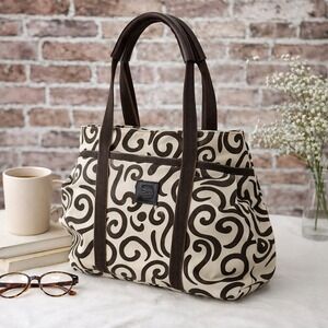 Pomegranate Inc Tote Bag Brown‎ Swirl Print Leather Handle Purse Women Pre-Owned